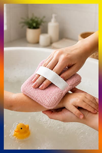 Bundeba Bebek Bakım Banyo Lifi Süngeri Pelüş Yumuşak Dokulu Elastik Bantlı Hassas Cilt Temizleme Lifi Sabun Hazneli Bebek Kesesi 13x16 cm Pembe