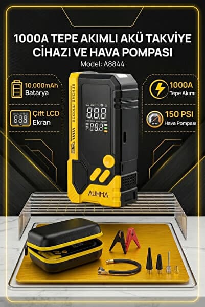 Yeni 8844 Akü Takviyeli Kompresörlü Hava Pompası 4'ü 1 Arada Powerbank/Digital Fener
