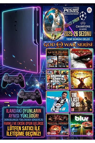 AST Sony Playstation 3 Slim 500 Gb ( Yenilenmiş ) 2 Kablosuz Kol 40 Dijital Oyun Garantili Ürün