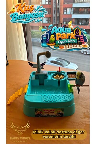 Happy Wings Pet Market Kablosuz Otomatik Çeşmeli Kuş Duşu ve Banyosu Eğlenceli Aqua Park Oyun Alanı Yem Sebze Meyve ve Mama Bölmeli Tüm Evcil Kuşlar İçin Uygun