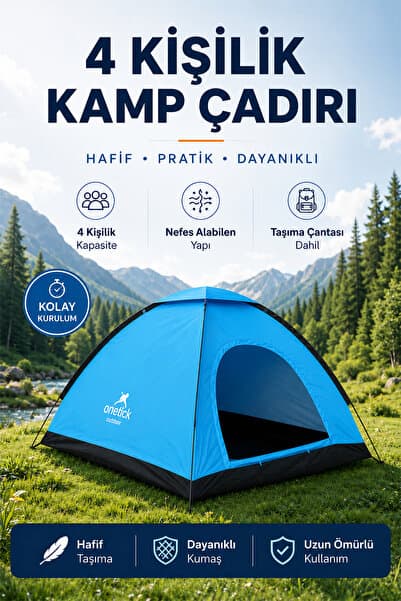 Onetick Renkli Dayanıklı Kamp Çadırı 200x200x135 4 Kişilik