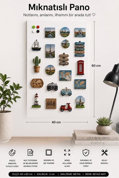 Genel Markalar Beyaz Mıknatıs Hediyeli Metal 60x40 cm – Magnet Panosu - Not Tutucu, Fotoğraf Askısı ve Dekoratif Pano