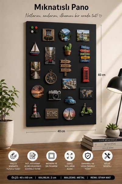 Genel Markalar Mıknatıslı Pano - Magnet Panosu - Siyah Ofis/Çalışma Odası İçin Mıknatıs Hediyeli Metal Magnet Hatıra Panosu 60x40cm