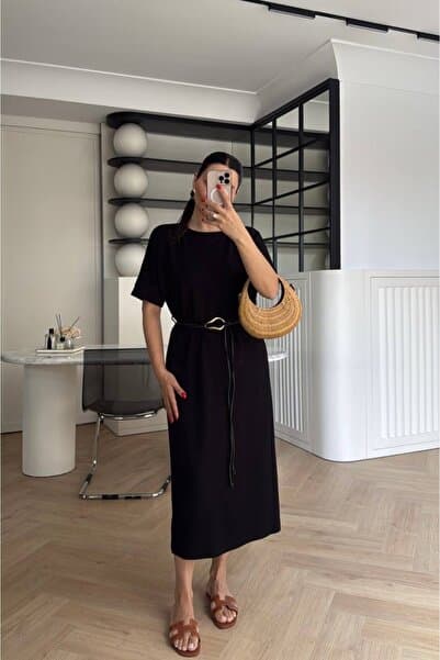 LUMİ Atelier Kemer Detaylı Midi Elbise – Basic Siyah Rahat Kesim Günlük & Şık Kadın Elbise