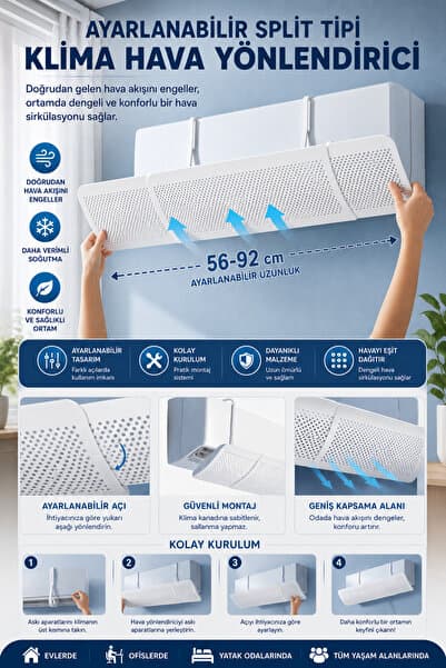 nextbuy Delikli 56-92 CM Ayarlanabilir Açı Klima Split Hava Yönlendirici Klima Çarpma Önleyici Siperliği Aparatı