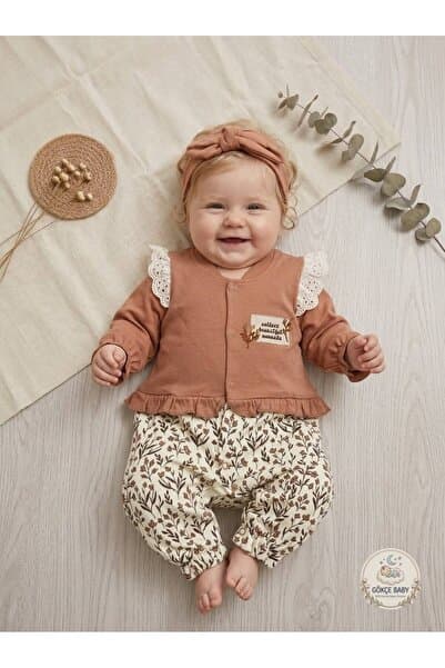Gökçe Baby Kız Bebek Çiçek Desenli Fırfır Detaylı Tulum & Saç Bandı Takımı – Tarçın