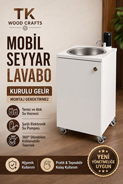 TK WOOD CRAFTS Premium Mobil Seyyar Lavabo Yeni Yönetmeliğe Uygun Tekerlekli Şarjlı Musluklu