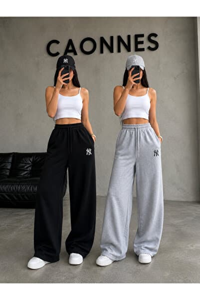 CAONNES 2'li Kadın NY Baskılı Eşofman Altı (Siyah-Gri) Oversize Baggy Salaş Paça