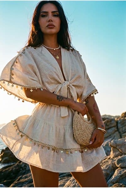 FASHION COCKTAIL Akdeniz Esintili Pullu Midye İstiridye Deniz Yıldızı Dekoratif Sallantılı Şeritli Bağlamalı Bluz Katlı Mini Etek Sahil Tatil 2li İkili Bohem Doğal Keten Takım