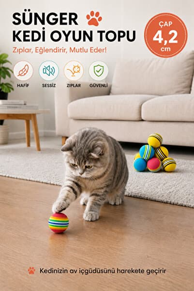 PawX Gökkuşağı Sünger Kedi Köpek Çiğneme Oyun Topu 4 Cm Diş Çıkarma Interaktif Oyuncak 1 Adet