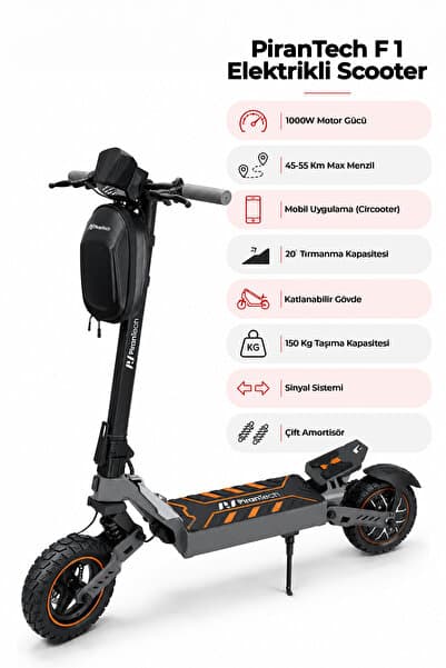PiranTech F1 Elektrikli Scooter 1000W Turuncu | Mobil Uygulama | Çift Amortisör | Uzun Menzil