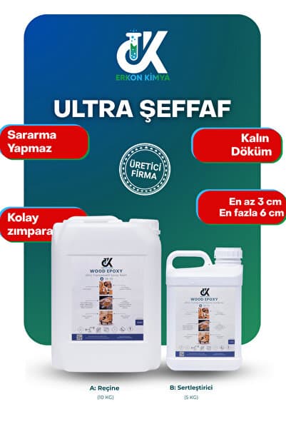 ERKON KİMYA Ultra Şeffaf Wood Epoksi Reçine 15 kg SB110 : Kalın Döküm Masa Sehpa için (3-6 cm Tek Seferde)