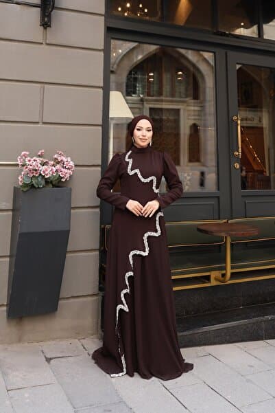 Kalemen Moda Perin Taş Detay Etekli Abiye 8061 Kahverengi