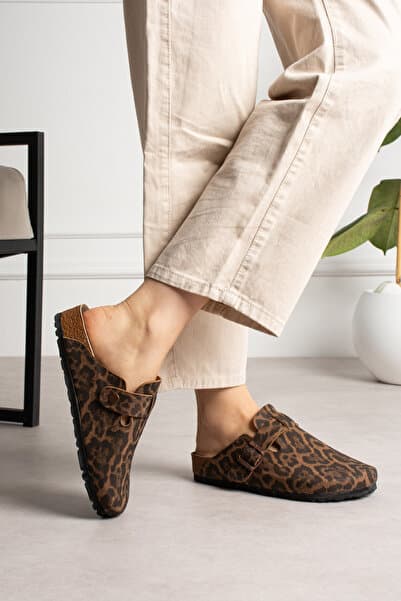 starmarj Önü Kapalı LEOPAR Tokalı Sabo Günlük Ev ve Dışarı Terliği