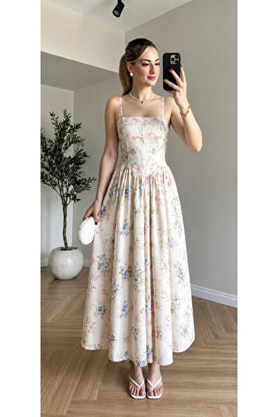 Moda Palmiss Kadın Çiçek Desenli Askılı Korse Detaylı Yazlık Midi Elbise