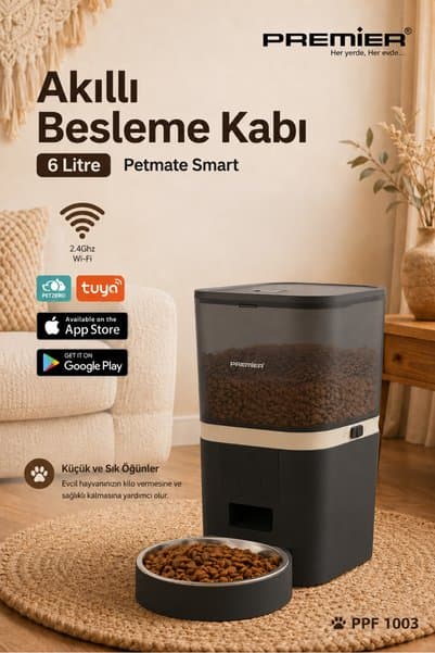 PREMIER PPF 1003 Akıllı Otomatik Mama Kabı 6 Lt Mobil Uygulama ile Yemek Programı ve Manuel Besleme - Petmate Smart - Siyah - Yenilenen Tasarım