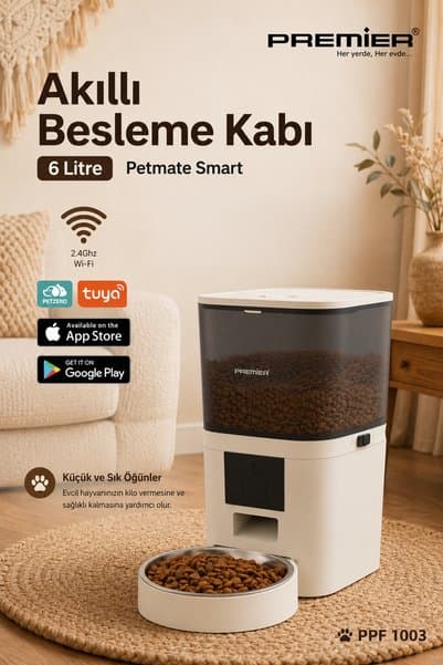 PREMIER PPF 1003 Akıllı Otomatik Mama Kabı 6 Lt Mobil Uygulama ile Yemek Programı ve Manuel Besleme - Petmate Smart - Krem - Yenilenen Tasarım