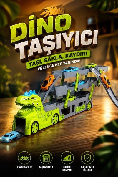 PAKİTO Dinozor Tasarımlı 3 Katlı 37 Araç Kapasiteli Mega Tır-Kamyon | Açılır-Kapanır Kasalı Rampalı Otopark 3 Arabalı