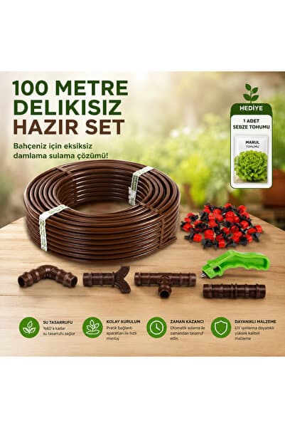 Emek 100 Metre Deliksiz Düz Damla Sulama Sistemi Ve Ek Parçaları Damlama Borusu Hortumu Bahçe Ağaç Seti
