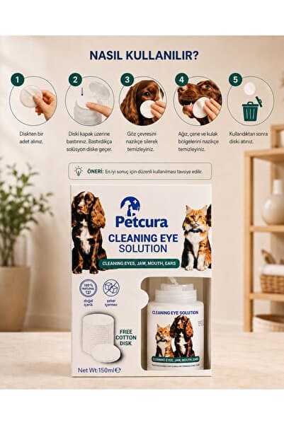PETCURA Kedi ve Köpek Göz, Kulak, Ağız Temizleme Solüsyonu - 150 ml + Temizleme Pamuğu Hediyeli