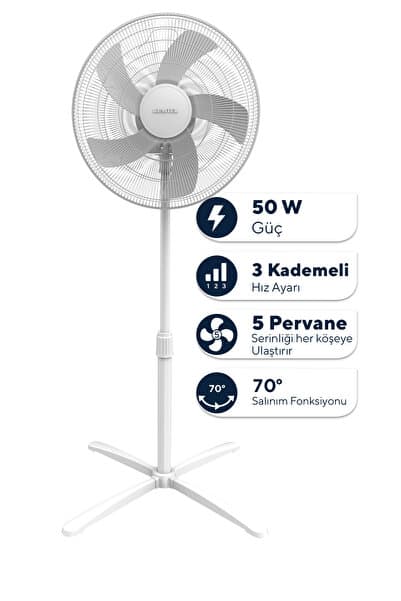 KUMTEL KTF-355 Beyaz 16 inç Ayaklı Vantilatör 50 W, 5 Pervaneli, 3 Kademeli, 121 cm Yükseklik