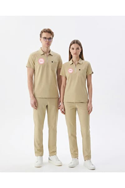 Class Üniforma Unisex Yeni Yönetmeliğe Uygun Bej Polo Yaka Erkek Hemşire Forması ( Arma Hediyeli)