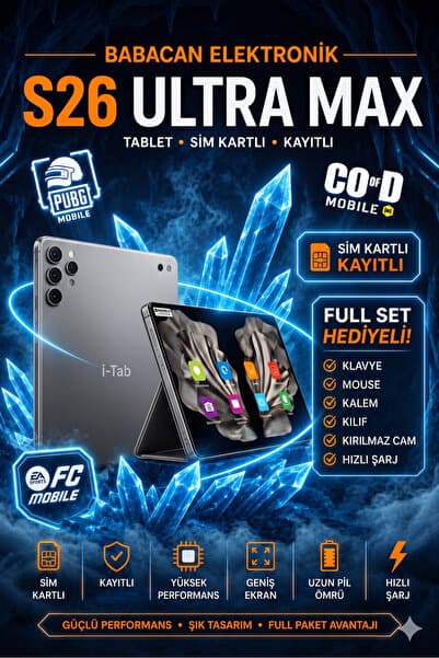 İ-TAB S26 Ultra Max Tablet - 16GB RAM 1TB Hafıza | Klavye Mouse Kalem Kılıf Şarj Aleti Full Set