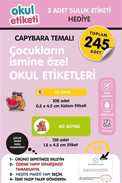 OKUL ETİKETİ BASKI OKUL ETİKETİ CAPYBARA TEMALI MİDİ PAKET İSME ÖZEL OKUL ETİKETİ / SULUK ETİKETİ HEDİYELİDİR STICKER TOPLAM 245 ADET