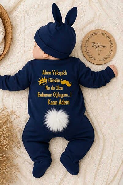 BY TUNA DESİGN Babalar Gününe Özel Lacivert, Erkek Bebek Isimli Tavşan Tulum , Isme Özel Tavşan Tulum