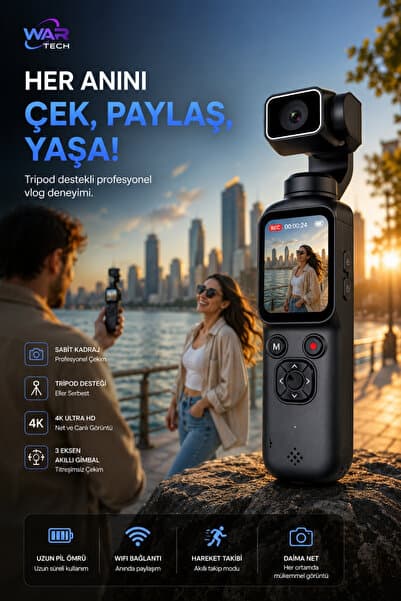 Wair Teknoloji 4K Ultra HD Vlog Kamera 75MP WiFi Yapay Zeka Yüz Takipli 330° Gimbal Dokunmatik Ekranlı Kamera + 64GB Hafıza Kartı Hediyeli