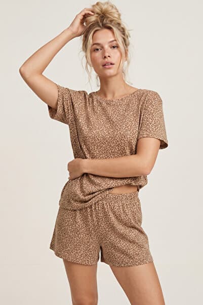 Siyah İnci vizon leopar desenli bisiklet yaka Örme Şortlu Pijama Takım 8056