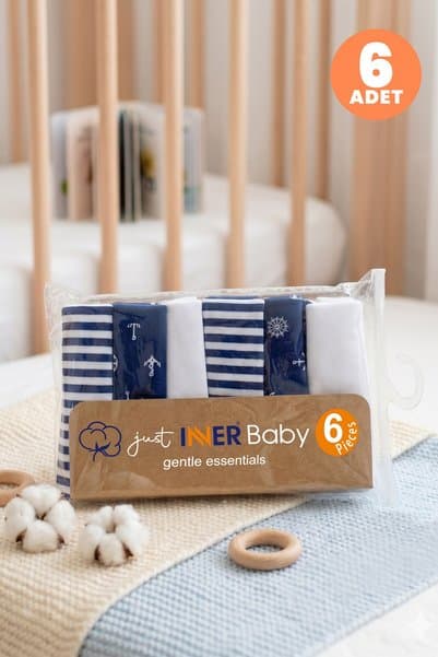 Just inner Erkek Bebek 6'lı Pamuklu Ağız Mendili Denizci ve Çizgili Desenli Kutulu Set Nefes Alan Do
