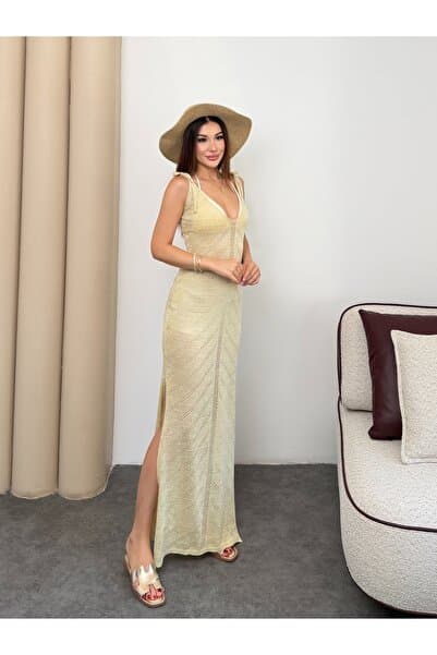 TOFİX textile Kadın Omuzdan Bağlamalı Triko Elbise Ajurlu Yırtmaçlı Maksi Plaj Elbisesi