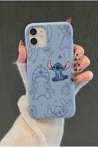 KVK PRİVACY iPhone 12 / 12 Pro Uyumlu Stitch Desenli Bebe Mavi Kadifemsi Soft Touch Silikon Telefon Kılıfı