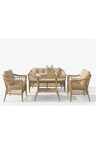 Alle Garden Mini Çay Seti 4 Kişilik AÇIK Örgü Rattan Balkon Takımı Masalı Bahçe Teras Veranda Oturma Grubu