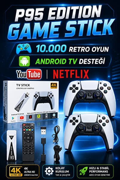 L'eDoren 4k Android TV Wifi Kablosuz Çift Kol Retro Oyunlar Game Stick 64gb Hafıza 10000 Oyun Atari