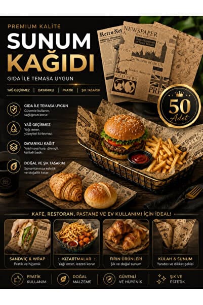 AYGÖREN HOME Kendinden Desenli Yağlı Kağıt | 50 Adet Vintage Gazete Desen Sunum Kağıdı | Karışık Desen