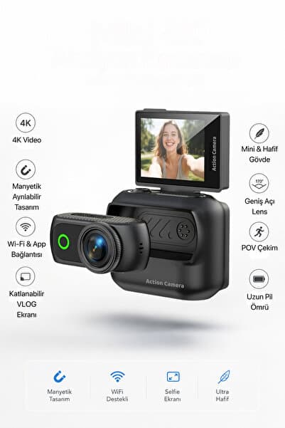METONTECH mini 4K Aksiyon Kamerası Wi-Fi | VLOG, Açılabilir Selfie Ekranı | Manyetik Şarj Kutusu, Siyah