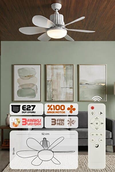 Enshall 2IN1 Goes Led Işık ve Fan Sessiz 3 Renk Modu ve 3 Hız Modu Kumandalı Tavan Vantilatörlü Led Ampul