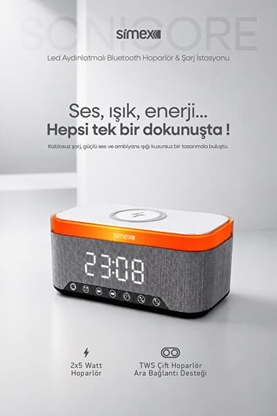 Simex 15W Kablosuz Şarj Standlı Bluetooth Hoparlör Yüksek Sesli TWS Ledli Speaker Taşınabilir Dijital Saat