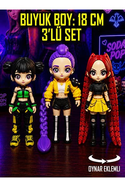 Suelo Butik 3'lü Set Büyük Boy Rumi, Zoey, Mira K-Pop Demon Hunters İblis Avcıları Eklemleri Hareketli Figür Oyuncak 18CM