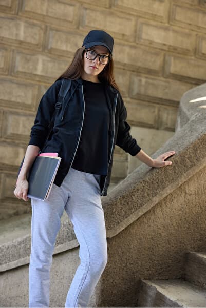 defys Defy's Alya Kadın %100 Pamuk 2 İplik Şardonsuz Oversize Kapüşonlu Fermuarlı Siyah Sweatshirt
