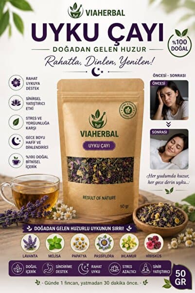 VIAHERBAL Gece Boyu Huzur Ve Sakinlik Sağlayan Doğal Bitki Karışımlı Uyku Çayı 50 gr