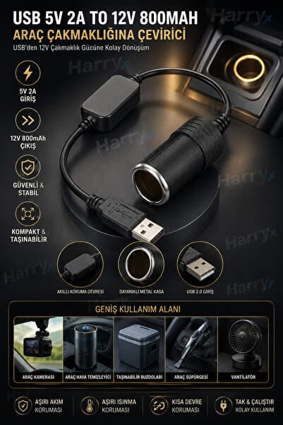 harry Çakmaklık Fişi Çevirici Çakmak Dönüştürücü USB 2.0 5 Volt 2 Amper To 12 Volt 0.8 Amper