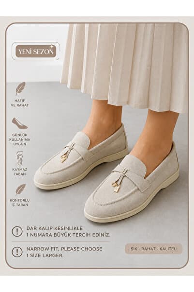 Macs Moda Kadın Bej Süet Loafer Ayakkabı Tokalı Detaylı Günlük Rahat Şık Babet