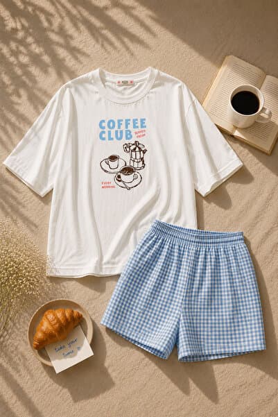 koza iç giyim Kadın Pamuklu Kısa Kollu Pötikare Desenli Şortlu Pijama Takımı