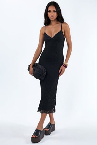 Hiccup V yakalı dantel bodycon midi elbise