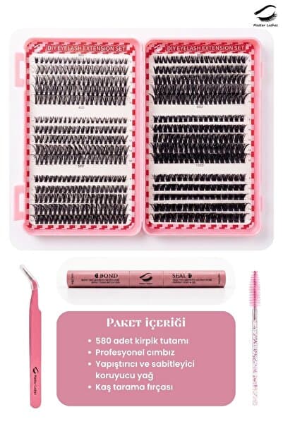 Master Lashes 580'li Takma Kirpik Seti Yapıştırıcı, Sabitleyici, Cımbız, Kaş Tarama Kirpik Fırçası 580 Adet