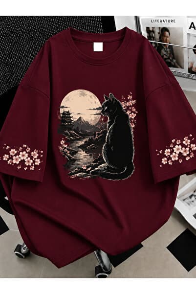 Revasser Kadın Black Cat Renkli Özel Baskılı Oversize Sıfır Yaka Penye T-Shirt