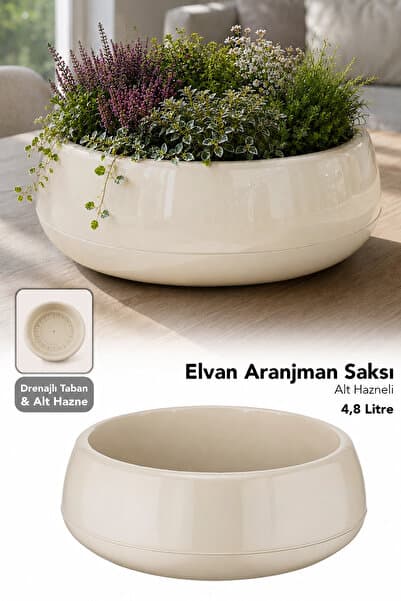 Meleni Home Aranjman Saksı - Drenajlı Dekoratif Salon Bahçe Çiçek Kaktüs Saksısı 4,8Lt Kirli Beyaz
